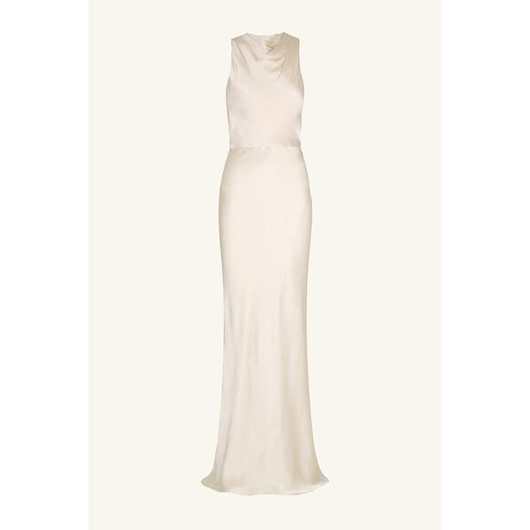 Shona Joy La Lune High Neck Maxi Dress Satin Sleeveless - US 8 - Cream